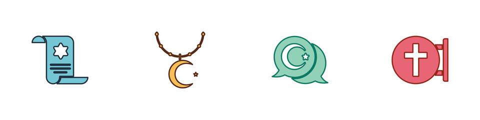 Fototapeta premium Set Torah scroll, Star and crescent on chain, and Christian cross icon. Vector