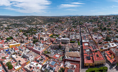 Fototapeta premium Aerial: pretty cityscape and landscape in San Miguel de Allende. Drone view 