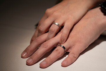 Just married couple holding hand with wedding rings.