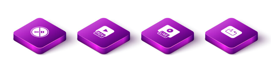 Set Isometric Mute microphone, MOV file, Live stream and Repeat track music player icon. Vector