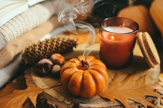 Smoke from an extinguished candle and a cup of tea, autumn composition