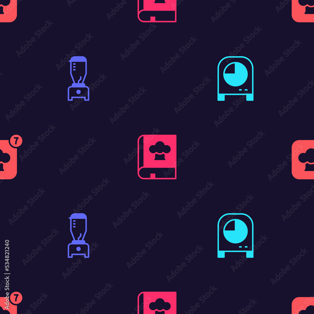 Poster set kitchen timer, blender, cookbook and chef hat on seamless pattern. vector