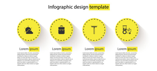 Set Sun and cloud weather, School backpack, Garden rake and Tractor. Business infographic template. Vector