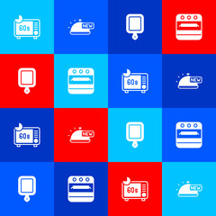 Set Microwave oven, Covered with tray of food, Cutting board and Oven icon. Vector