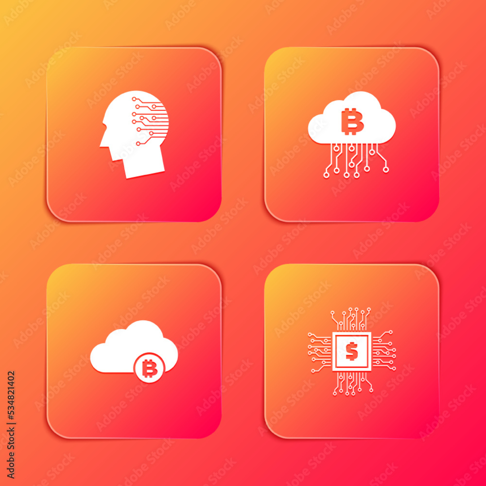 Poster set brain as digital circuit board, cryptocurrency cloud mining, and processor chip with dollar icon