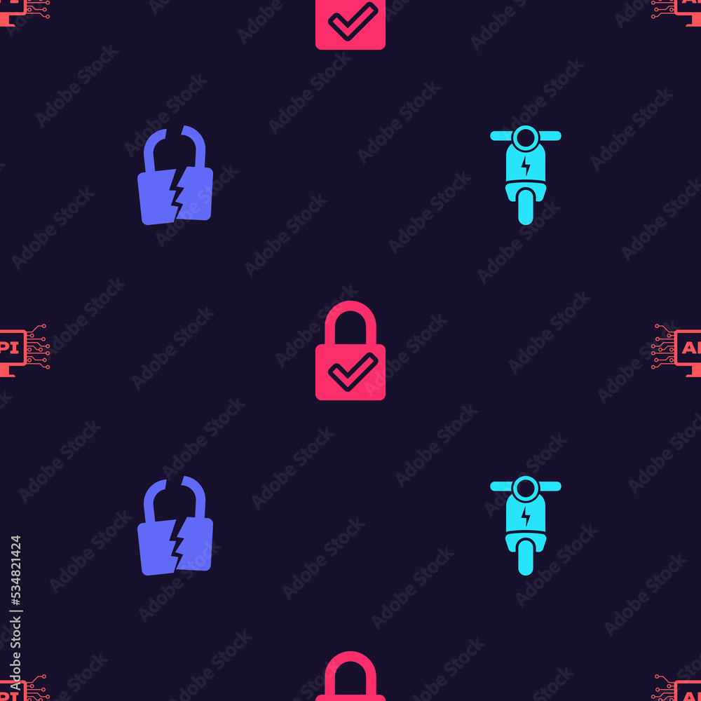 Poster set electric scooter, broken or cracked lock, lock and check mark and computer api interface on seam