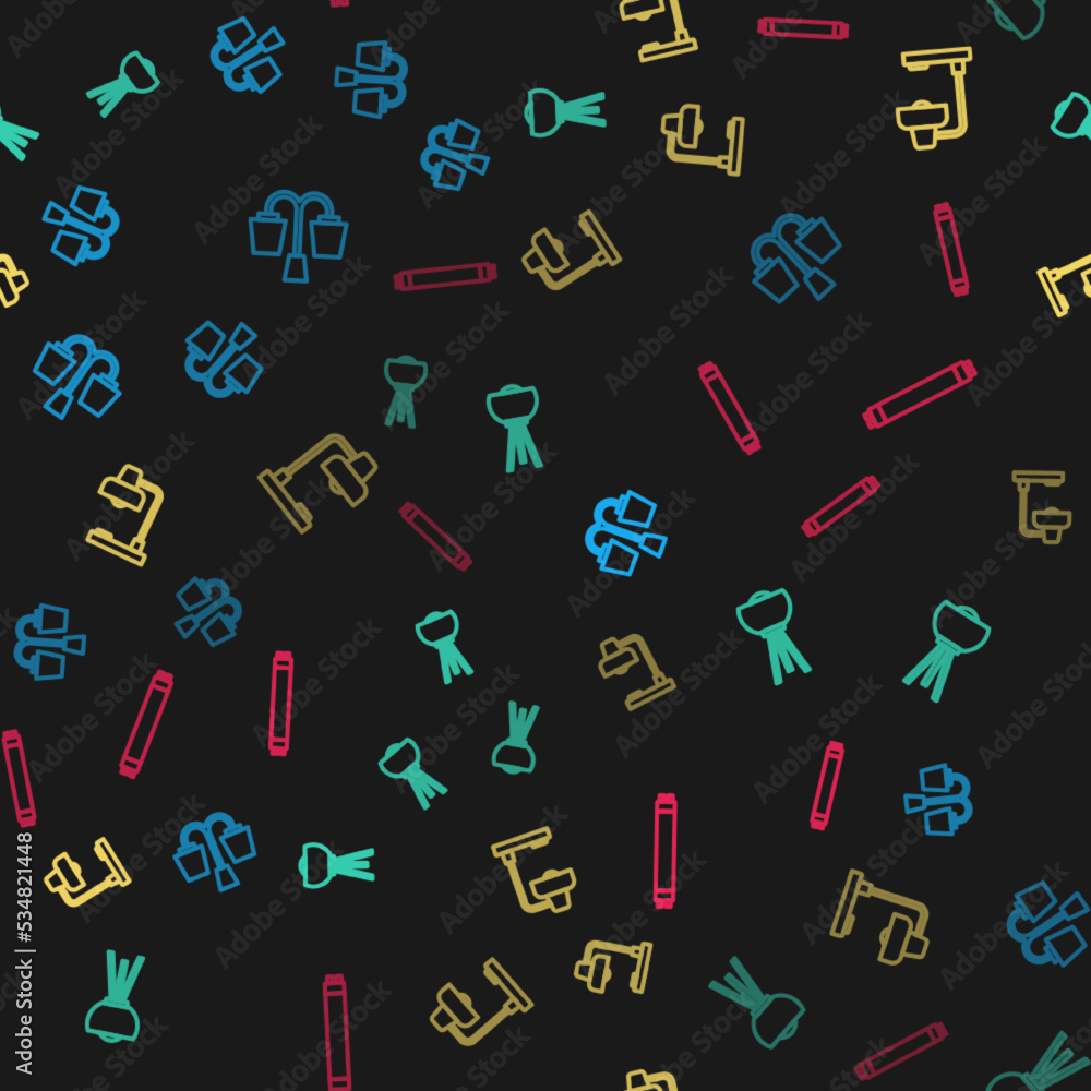 Poster Set line Chandelier, Floor lamp, Table and Fluorescent on seamless pattern. Vector