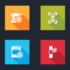 Set Drill machine setting, Hourglass, Oven and Wrist watch icon. Vector