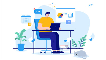 Working at desk - Vector character person sitting with computer doing work alone. Flat design with white background