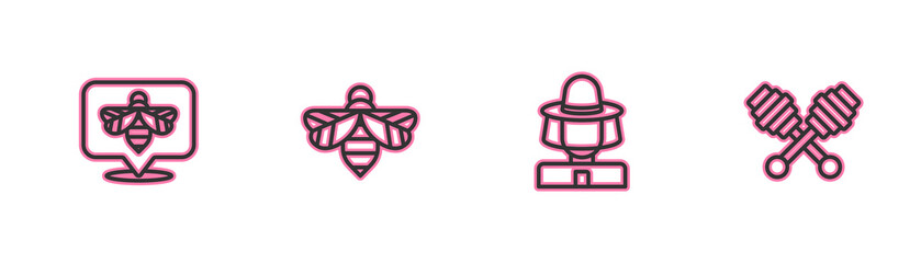 Set line Bee, Beekeeper with protect hat, and Honey dipper stick icon. Vector