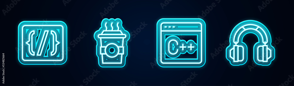 Aufkleber set line programming language syntax, coffee cup to go, software and headphones. glowing neon icon. 