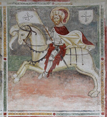 Sant'Ippolito parte per la crociata. Affresco nella chiesetta dei Santi Ippolito e Cassiano a Castel Tesino (Trentino)