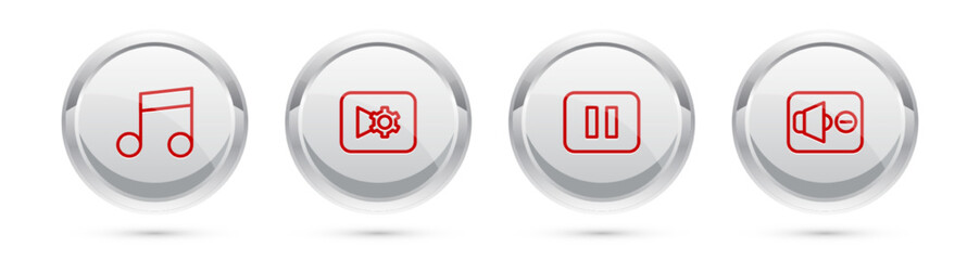 Set line Music note, tone, or video settings, Pause button and Speaker mute. Silver circle button. Vector