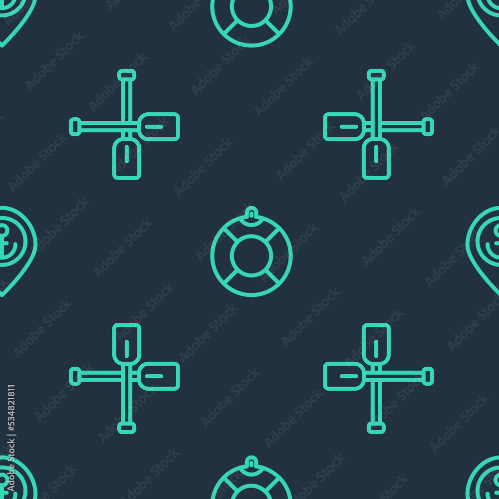 Poster set line lifebuoy, paddle and location with anchor on seamless pattern. vector
