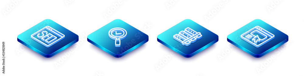 Poster set isometric line seo optimization, magnifying glass with check mark, server and ui or ux design ic