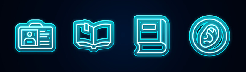 Set line Identification badge, Open book, Book and Ear listen sound signal. Glowing neon icon. Vector