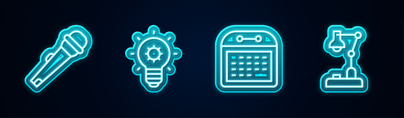 Set line Microphone, Light bulb, Calendar and Table lamp. Glowing neon icon. Vector
