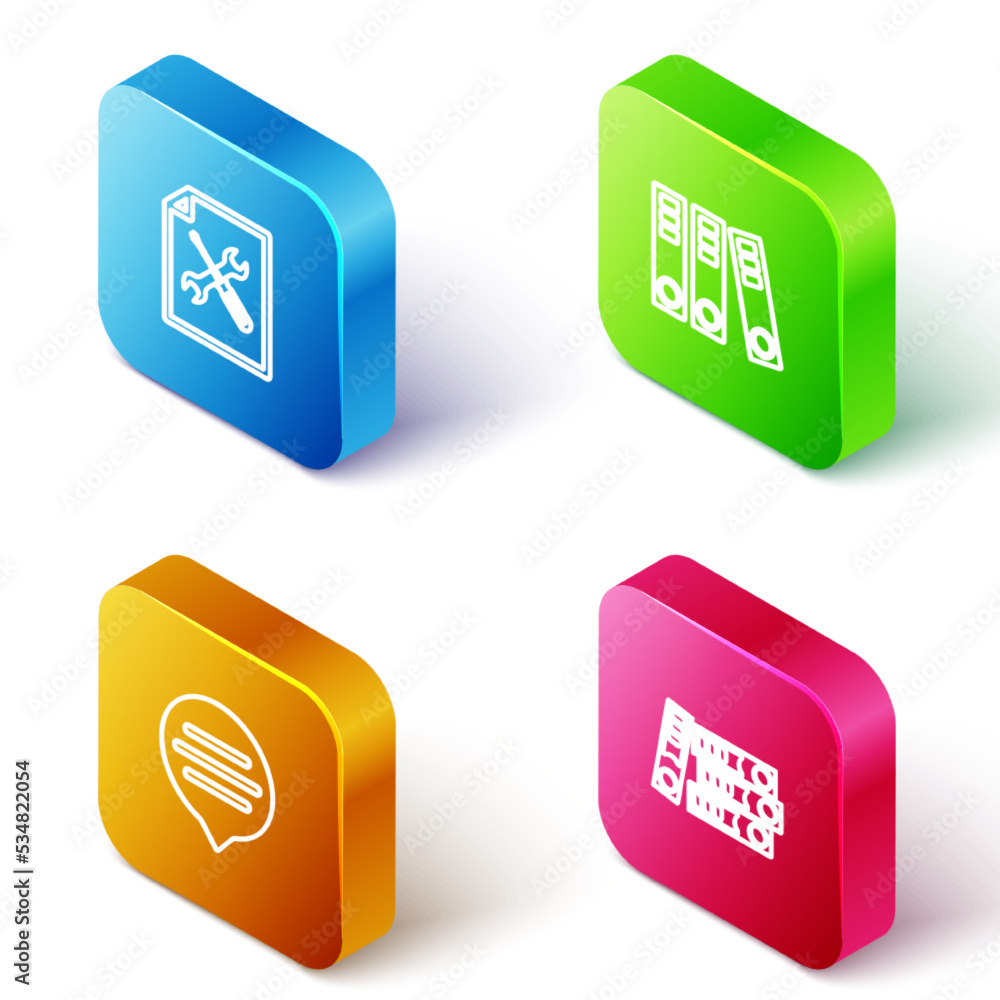 Poster set isometric line file document service, office folders, speech bubble chat and icon. vector