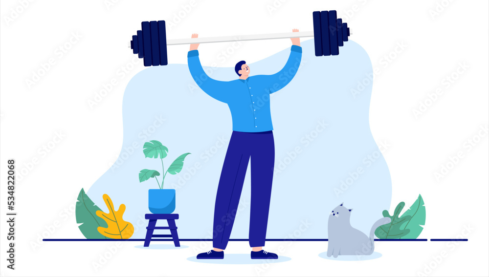 Poster strength - vector illustration of man in business lifting weight and being strong. flat design vecto