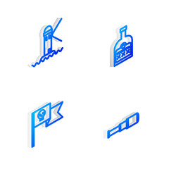 Set Isometric line Alcohol drink Rum bottle, Lighthouse, Pirate flag with skull and Spyglass telescope lens icon. Vector