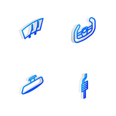 Set Isometric line Sport steering wheel, Windscreen wiper, Car mirror and muffler icon. Vector