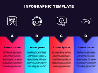 Fototapeta premium Set line Gear shifter, Steering wheel, Oil filler cap at gas station and Car fender. Business infographic template. Vector