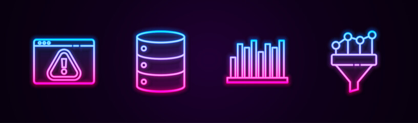 Set line Browser with exclamation mark, Server, Data, Web Hosting, Pie chart infographic and Sales funnel. Glowing neon icon. Vector