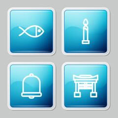 Set line Christian fish, Burning candle, Church bell and Japan Gate icon. Vector