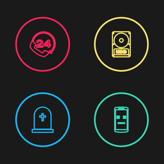 Set line Tombstone with cross, Dead mobile, Hard disk drive HDD and Telephone 24 hours support icon. Vector