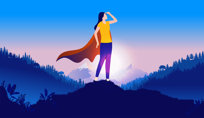 Ambitious superhero woman - Female person standing on peak looking for business and career opportunities. Vector illustration