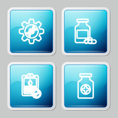 Set line Genetic engineering, Medicine bottle and pills, Clipboard with blood test and icon. Vector
