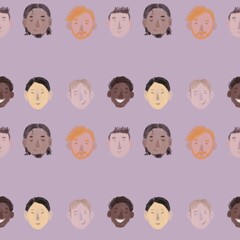 Fototapeta premium seamless pattern. a group of smiling men, many people, different nationalities in pastel colors on a lilac background