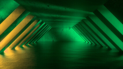 Obraz premium Futuristic Sci Fi Neon Tunnel With Green And Yellow Neon Light. Glowing Colorful Light Coming Through The Corridor. 3D render