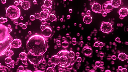 Underwater bubbles. Abstract pink bubble background. Distribution of bubbles. Nice 3d spheres with reflection. Macro shot of various air bubbles in water. 3D rendering