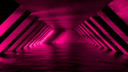 Futuristic Sci Fi Neon Tunnel With Pink Neon Light. Glowing Colorful Light Coming Through The Corridor. 3D render