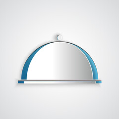 Paper cut Covered with a tray of food icon isolated on grey background. Tray and lid. Restaurant cloche with lid. Kitchenware symbol. Paper art style. Vector Illustration