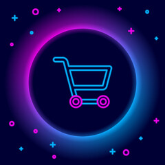 Glowing neon line Shopping cart icon isolated on black background. Online buying concept. Delivery service sign. Supermarket basket symbol. Colorful outline concept. Vector