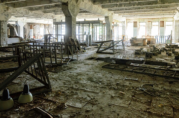 Details of a left building in Prypiat, in the Chernobyl exclusion zone, Ukraine