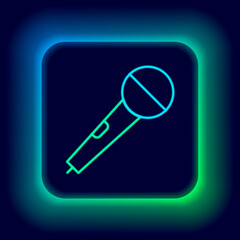 Glowing neon line Microphone icon isolated on black background. On air radio mic microphone. Speaker sign. Colorful outline concept. Vector