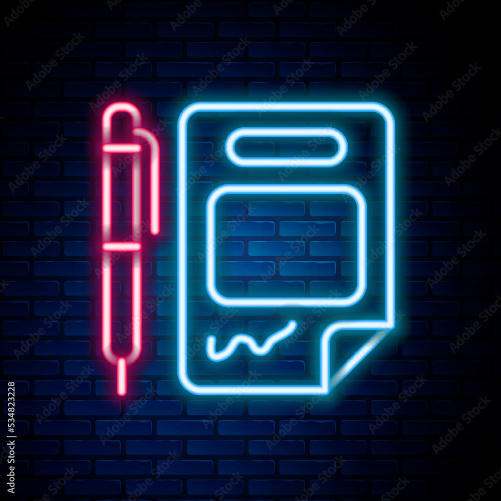 Sticker Glowing neon line Contract money and pen icon isolated on brick wall background. Banking document dollar file finance money page. Colorful outline concept. Vector