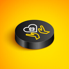 Isometric line Heart with a cross icon isolated on yellow background. First aid. Healthcare, medical and pharmacy sign. Black circle button. Vector