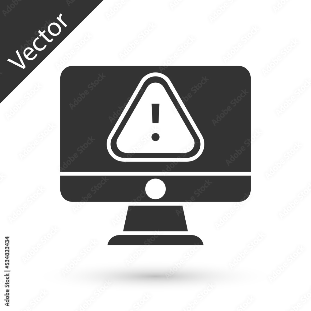 Poster grey computer monitor with exclamation mark icon isolated on white background. alert message smartph