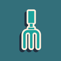 Green Garden rake icon isolated on green background. Tool for horticulture, agriculture, farming. Ground cultivator. Long shadow style. Vector