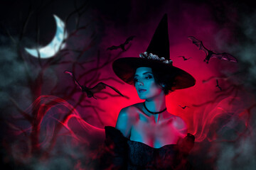 Collage of charming lady on theme carnival fest wear witchery costume isolated on fog dark night...