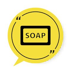 Black Bar of soap icon isolated on white background. Soap bar with bubbles. Yellow speech bubble symbol. Vector.