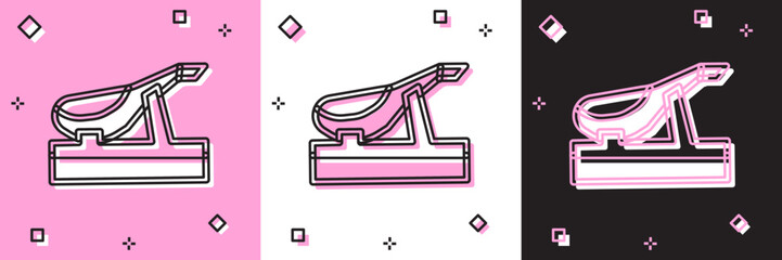Set Spanish jamon on the wooden jamonera icon isolated on pink and white, black background. Vector