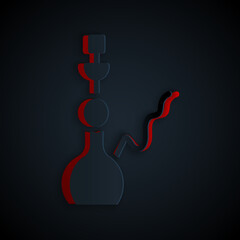 Paper cut Hookah icon isolated on black background. Paper art style. Vector