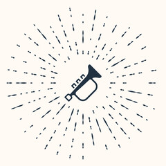 Grey Musical instrument trumpet icon isolated on beige background. Abstract circle random dots. Vector © vector_v