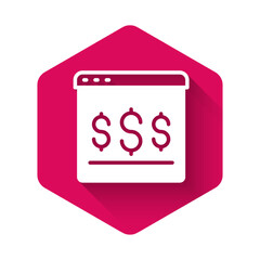 White Online shopping on screen icon isolated with long shadow background. Concept e-commerce, e-business, online business marketing. Pink hexagon button. Vector