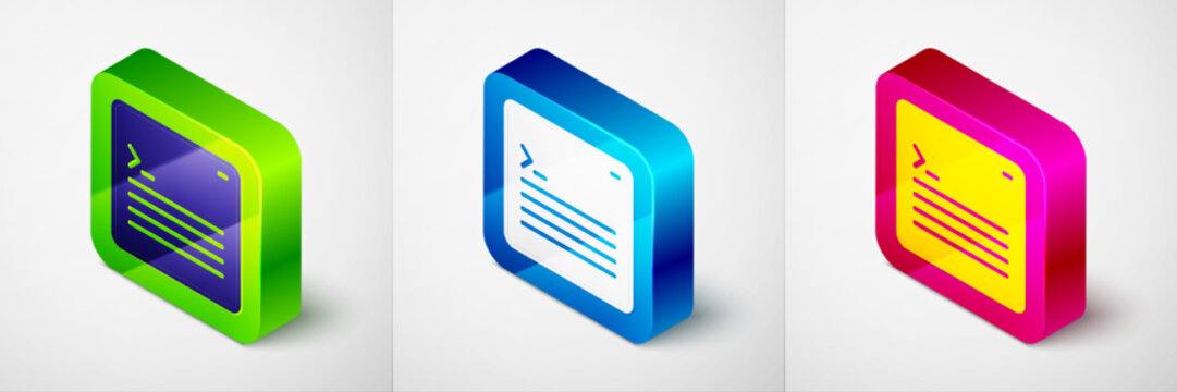 Isometric Software, web developer programming code icon isolated on grey background. Javascript computer script random parts of program code. Square button. Vector